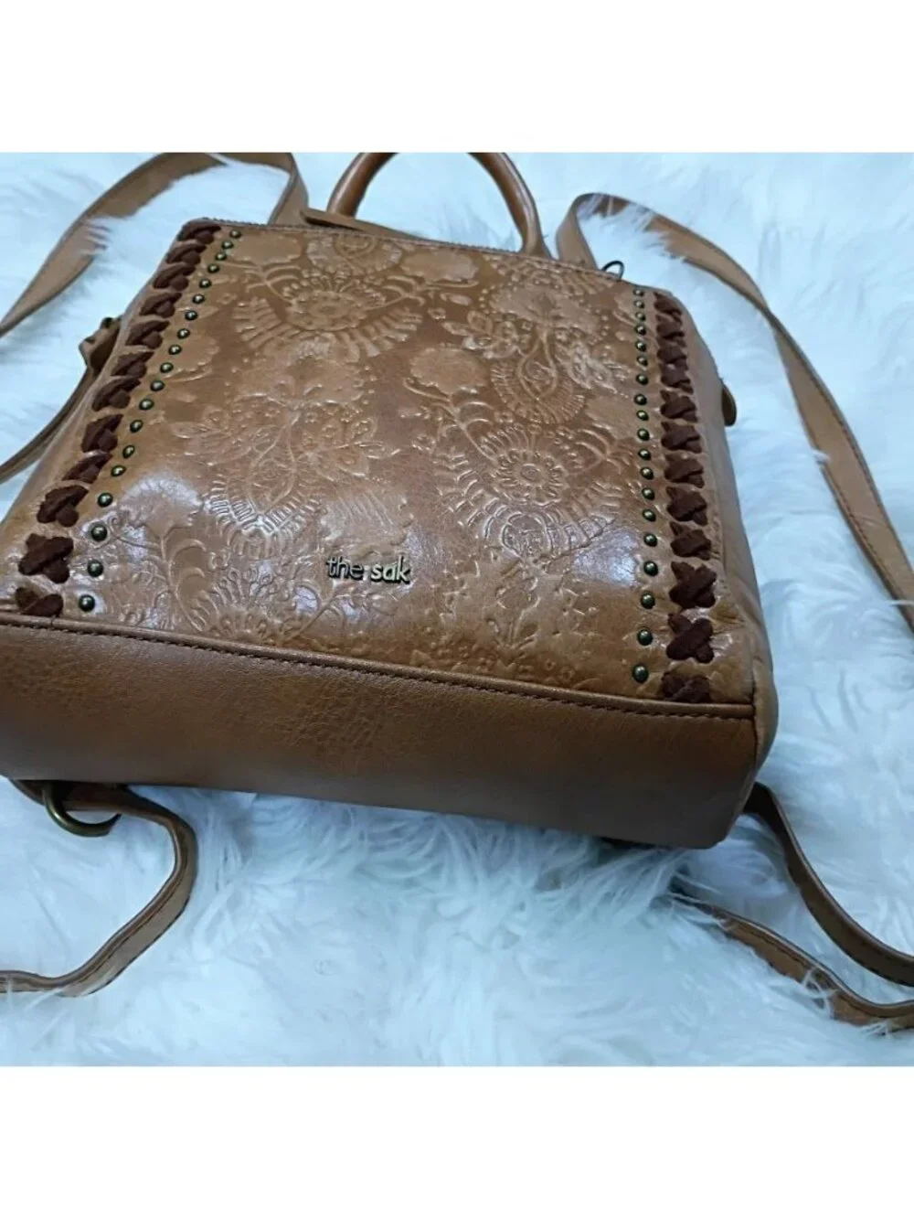 The Sak Brown Leather Embossed Convertible Backpack Purse Adjustable Straps